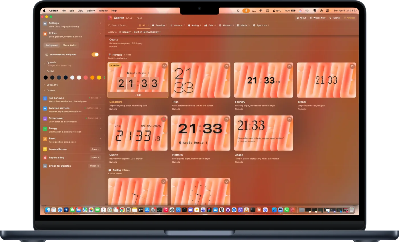 La galerie de Cadran sur un MacBook Air : tous les cadrans en aperçu.