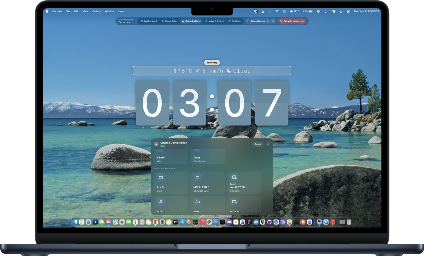 Cadran sur un MacBook Air : un cadran avec la météo en direct au-dessus d’un paysage de lac.