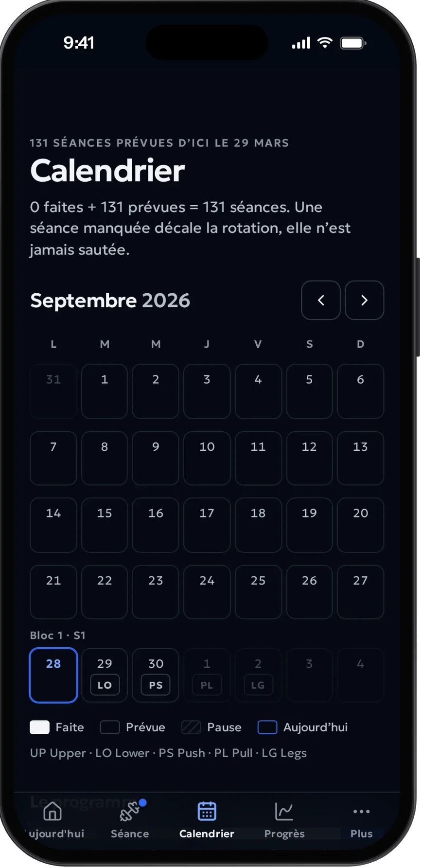 Le calendrier : blocs, rotation des séances et phases.