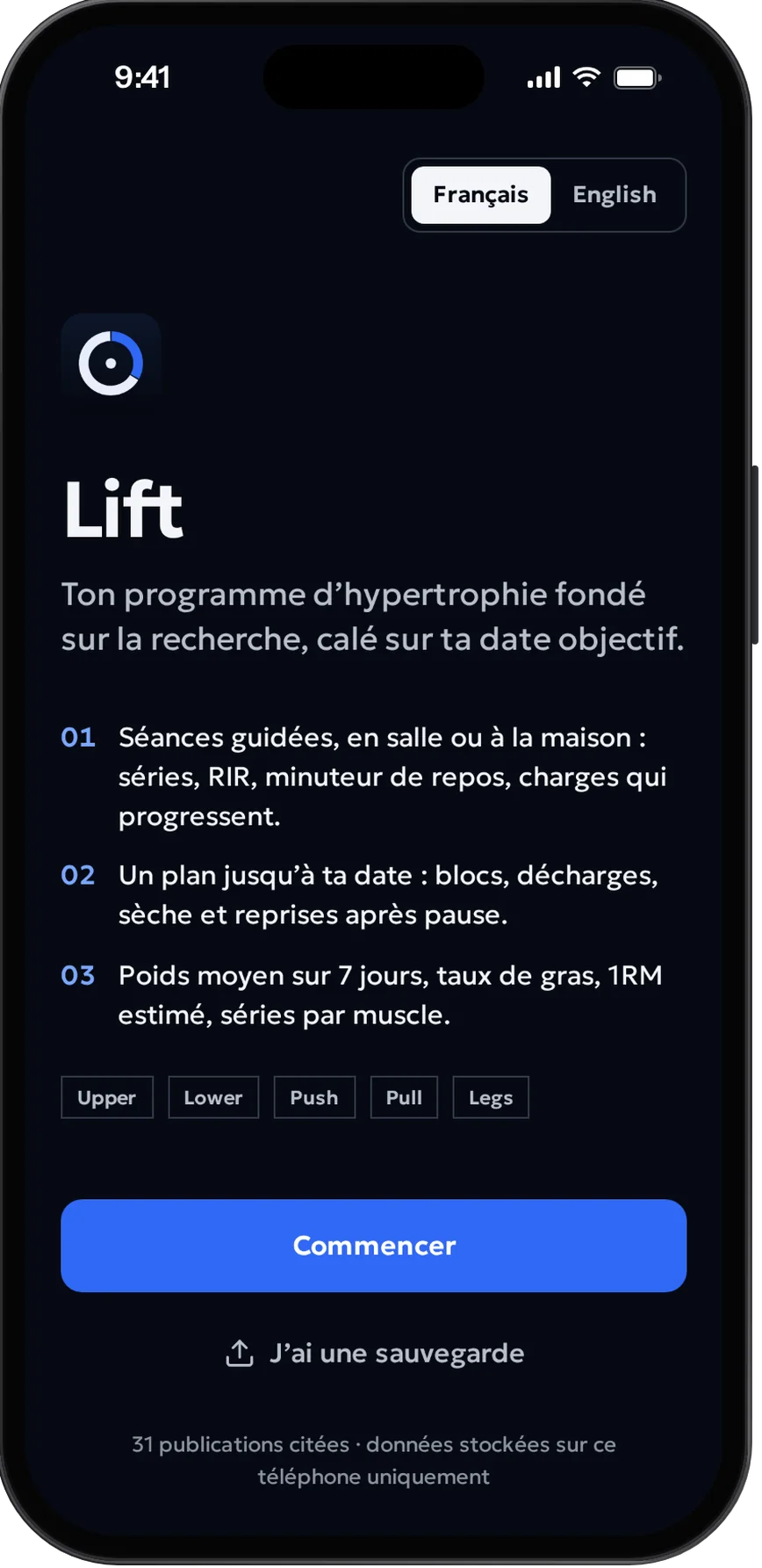 L’écran d’accueil de Lift.