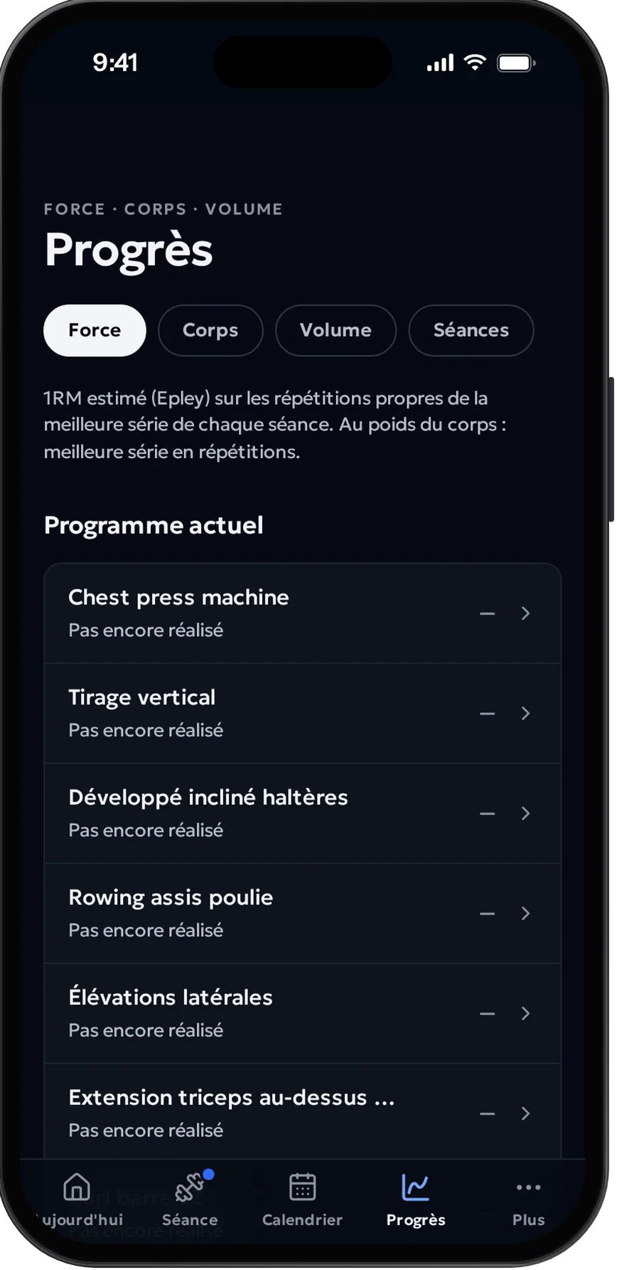 L’écran Progrès : force estimée par exercice.